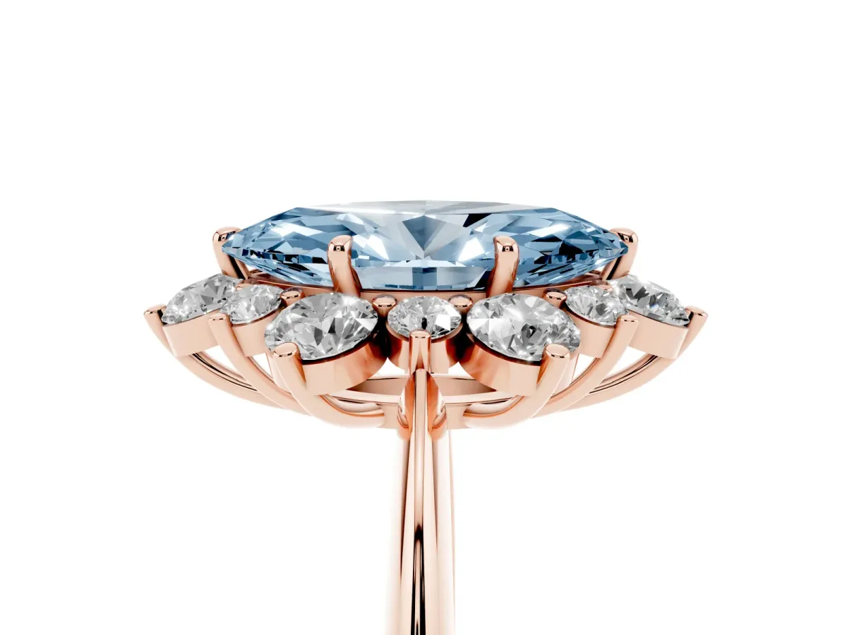 Fancy Blue Marquise Cut Diamond Cluster Halo Ring with Solitaire Band and Four-Prong Setting Rose gold
