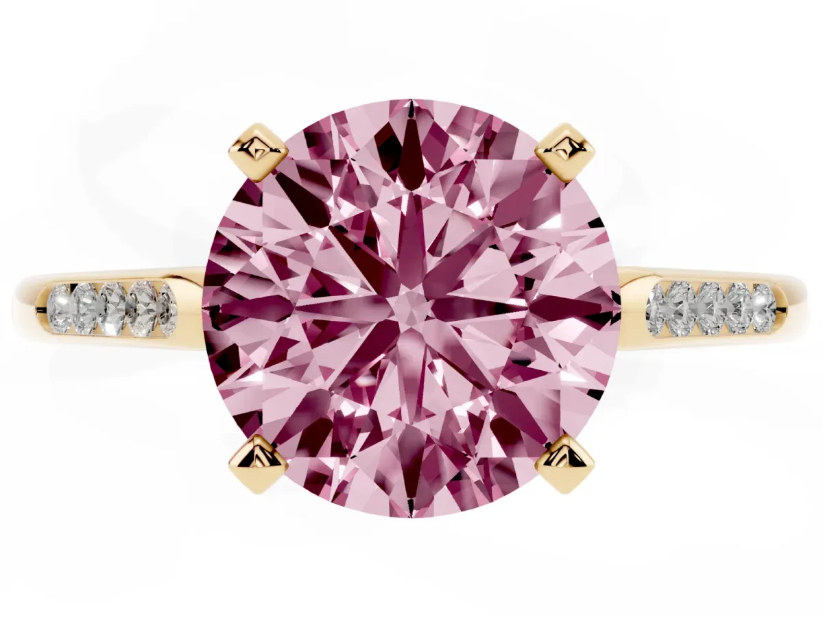 Fancy Pink Round Cut Diamond Solitaire Ring with Channel Set Round Band and Prong Setting Yellow gold