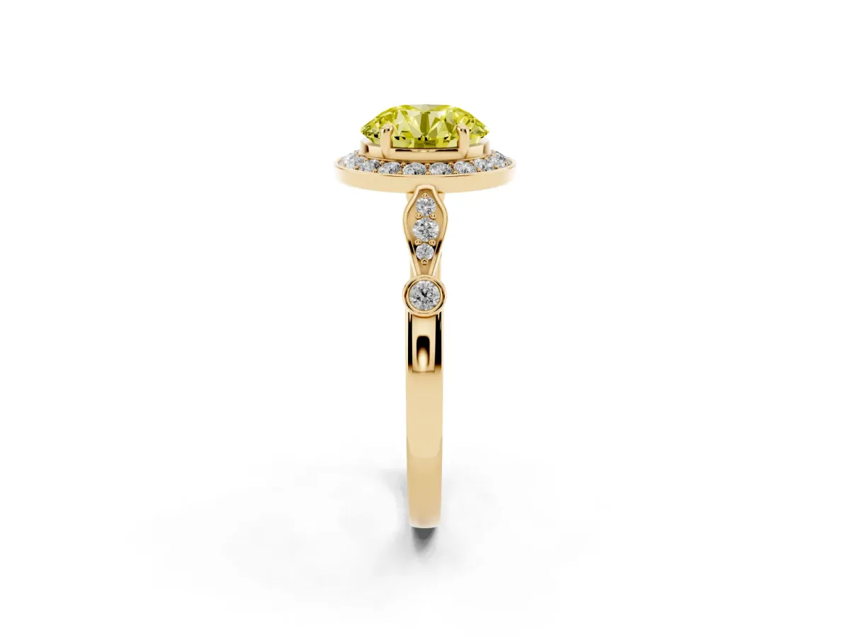 Fancy Yellow Round Cut Halo Diamond Engagement Ring with Twisted Band and Four-Prong Setting Yellow gold