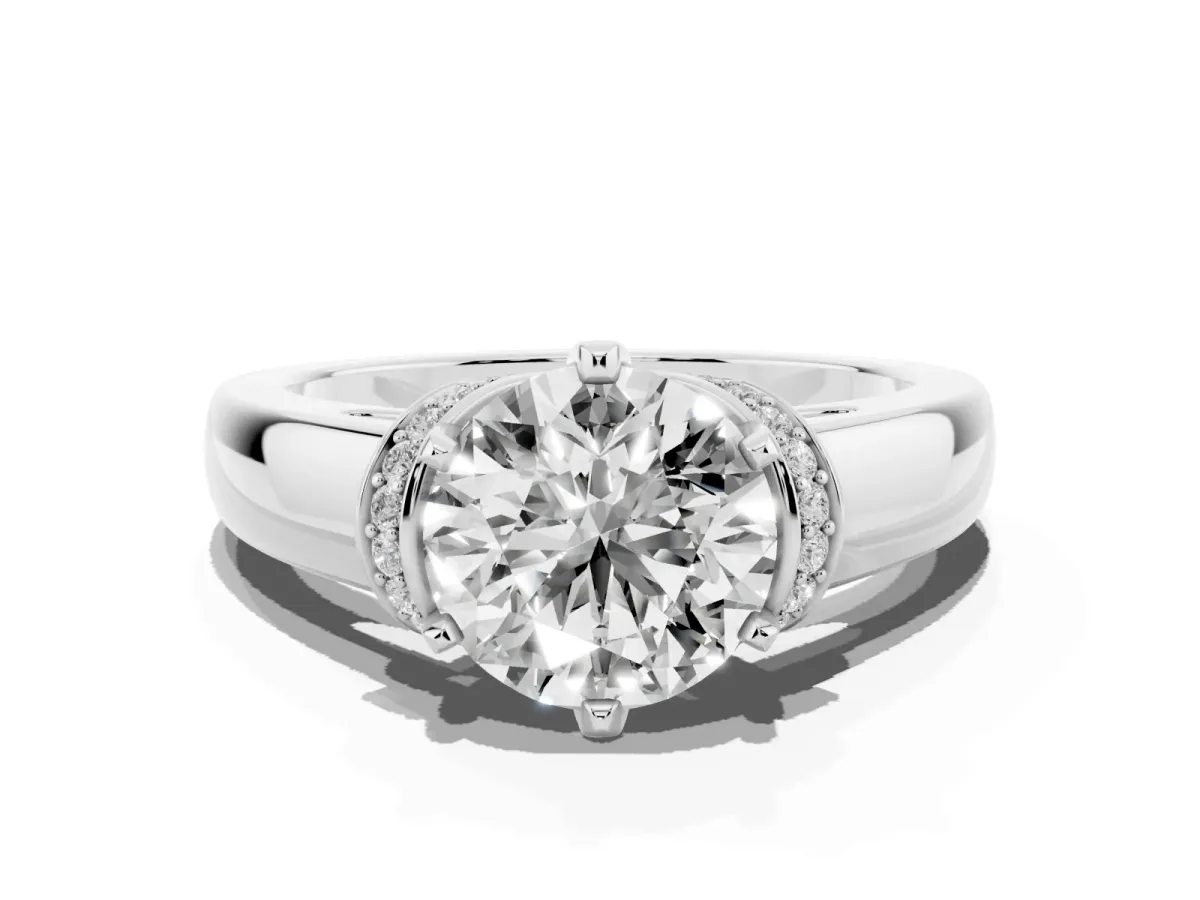 Round Cut Solitaire Diamond Ring with Pave Band and Six-Prong Setting Silver