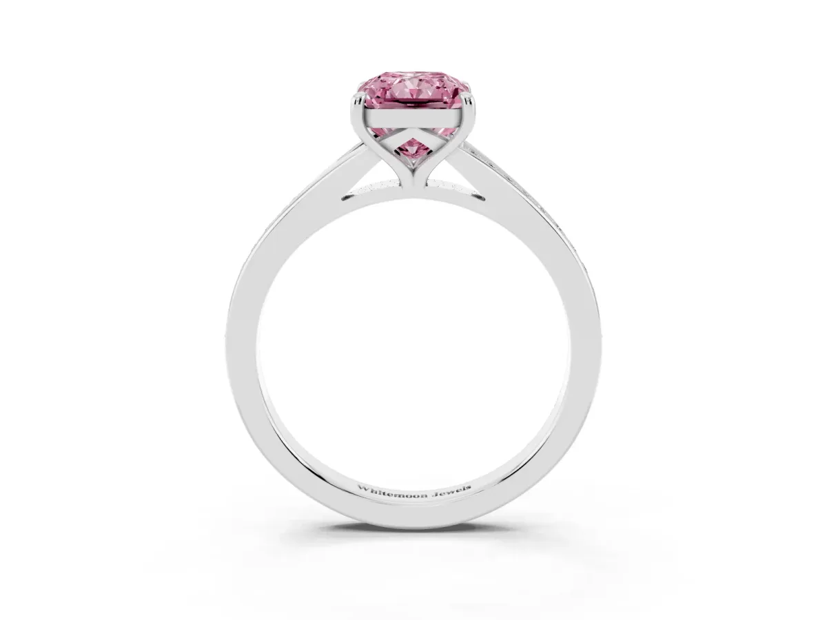 Fancy Pink Radiant Cut Diamond Solitaire Ring with Pavé Band and Prong Setting Silver