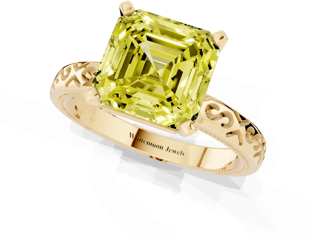 Fancy Yellow Asscher Cut Solitaire Engagement Ring with Scrollwork Band and Four-Prong Setting Yellow gold