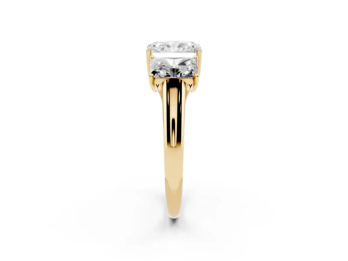 Three-Stone Radiant Cut Diamond Engagement Ring with Prong Setting Yellow gold