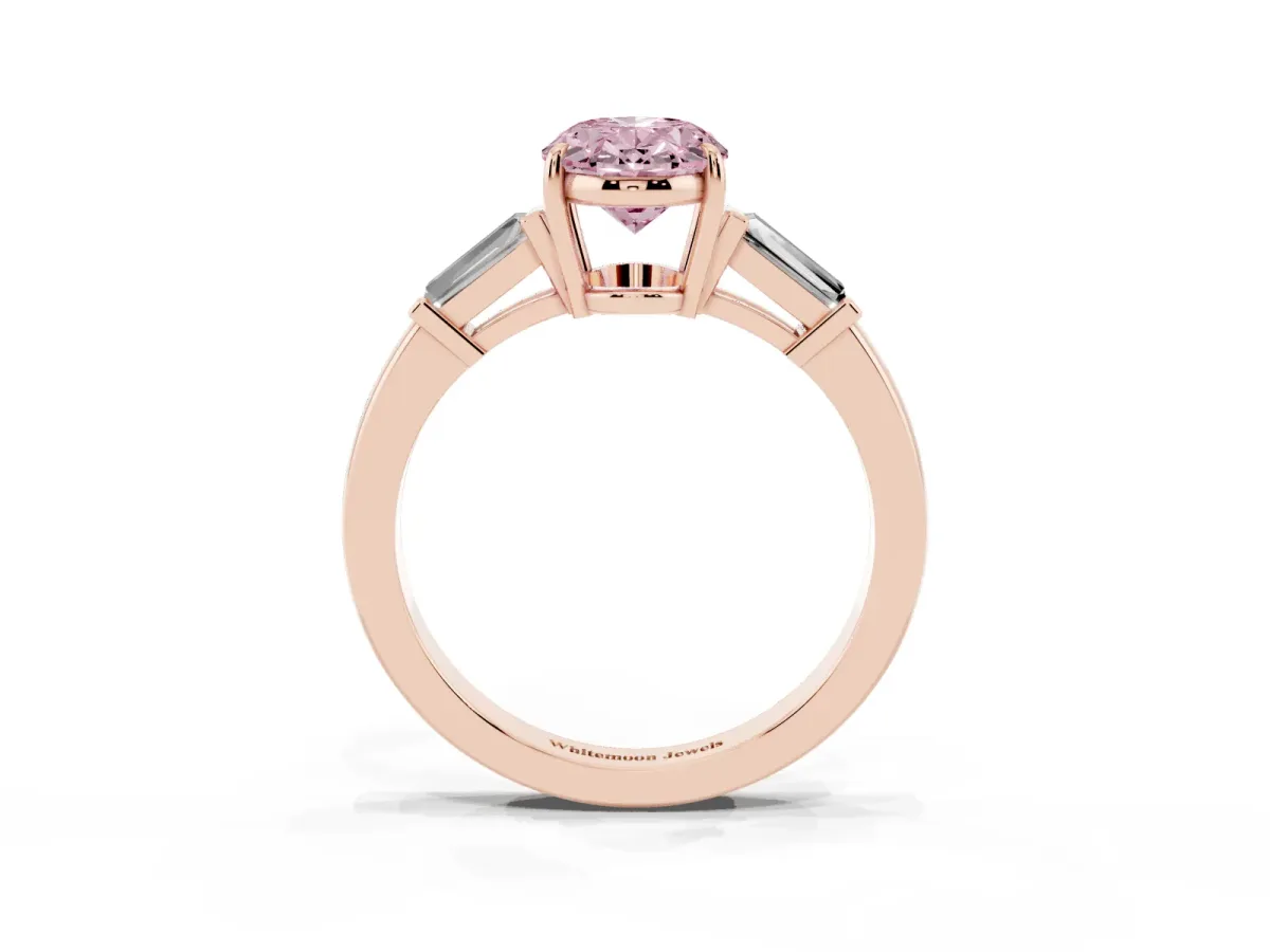 Fancy Pink Oval Cut Diamond Three-Stone Ring with Tapered Baguette Side Stones and Prong Setting Rose gold