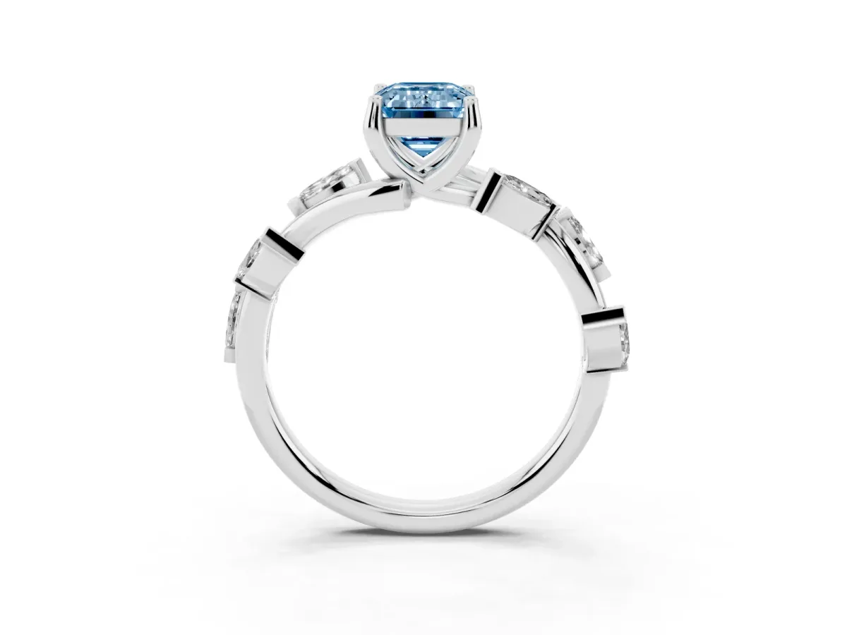 Fancy Blue Emerald Cut Solitaire Twisted Band Marquise Accent Prong Setting Ring Platinum