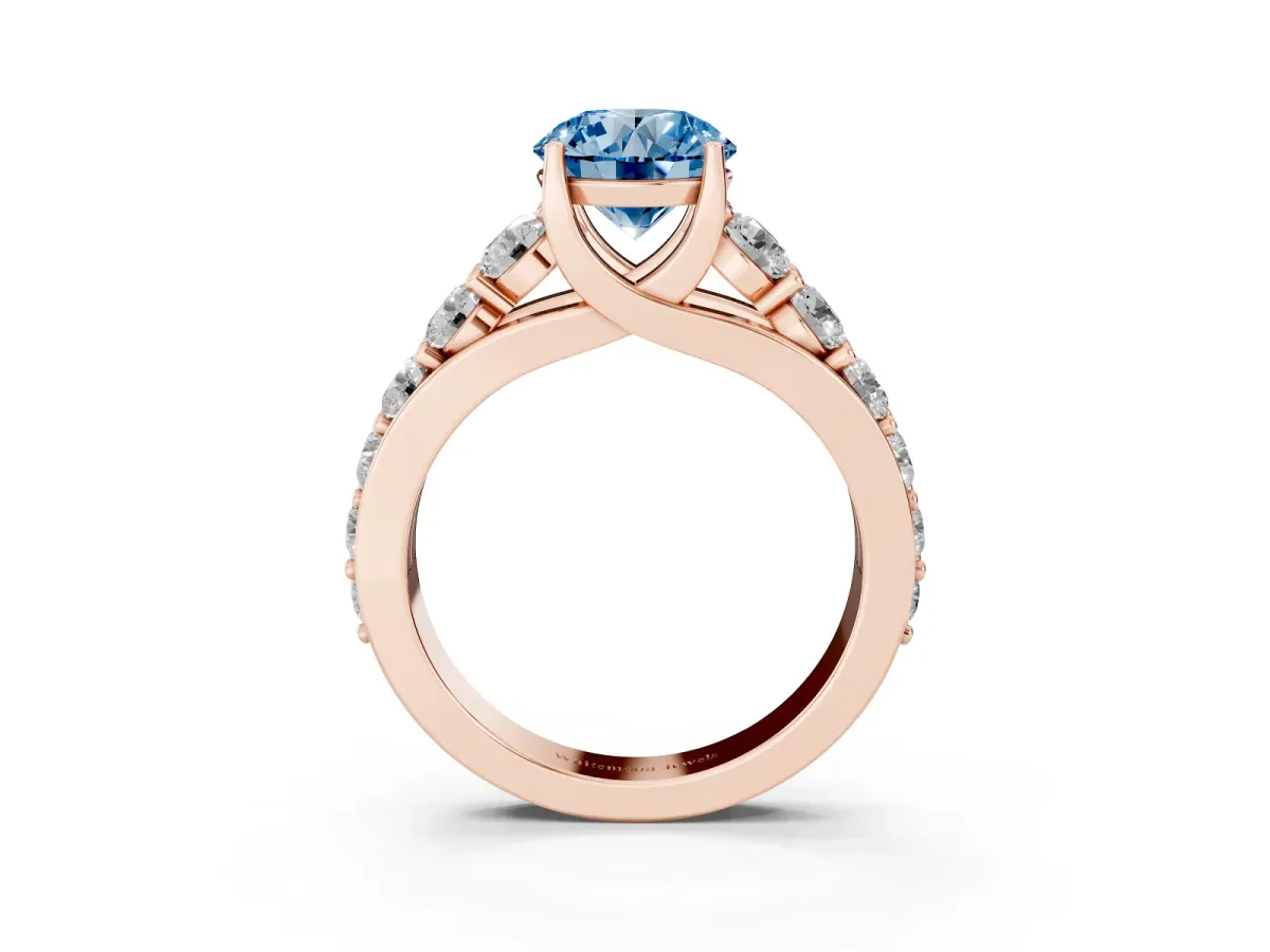 Fancy Blue Round Cut Diamond Engagement Ring with Pavé Band and Four-Prong Setting Rose gold