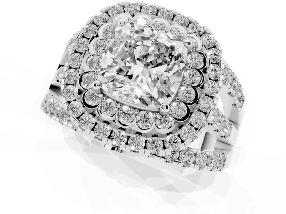 Cushion Cut Diamond Double Halo Ring with Round Pavé Split Shank and Prong Setting Silver