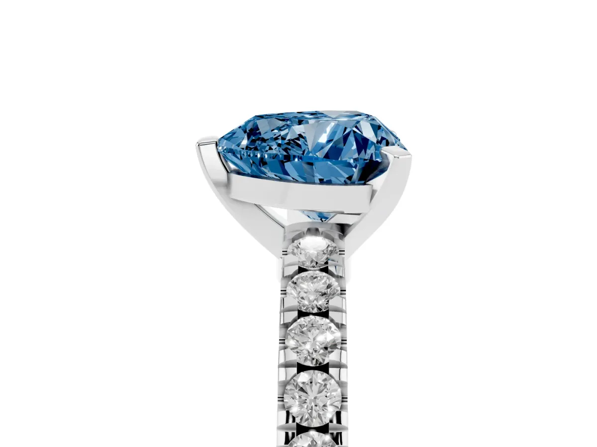 Fancy Blue Heart Cut Solitaire Diamond with Pavé Band and Four-Prong Setting Silver