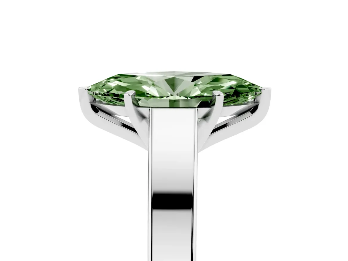 Fancy Green Marquise Cut Solitaire Engagement Ring with Four-Prong Setting and Tapered Band Silver