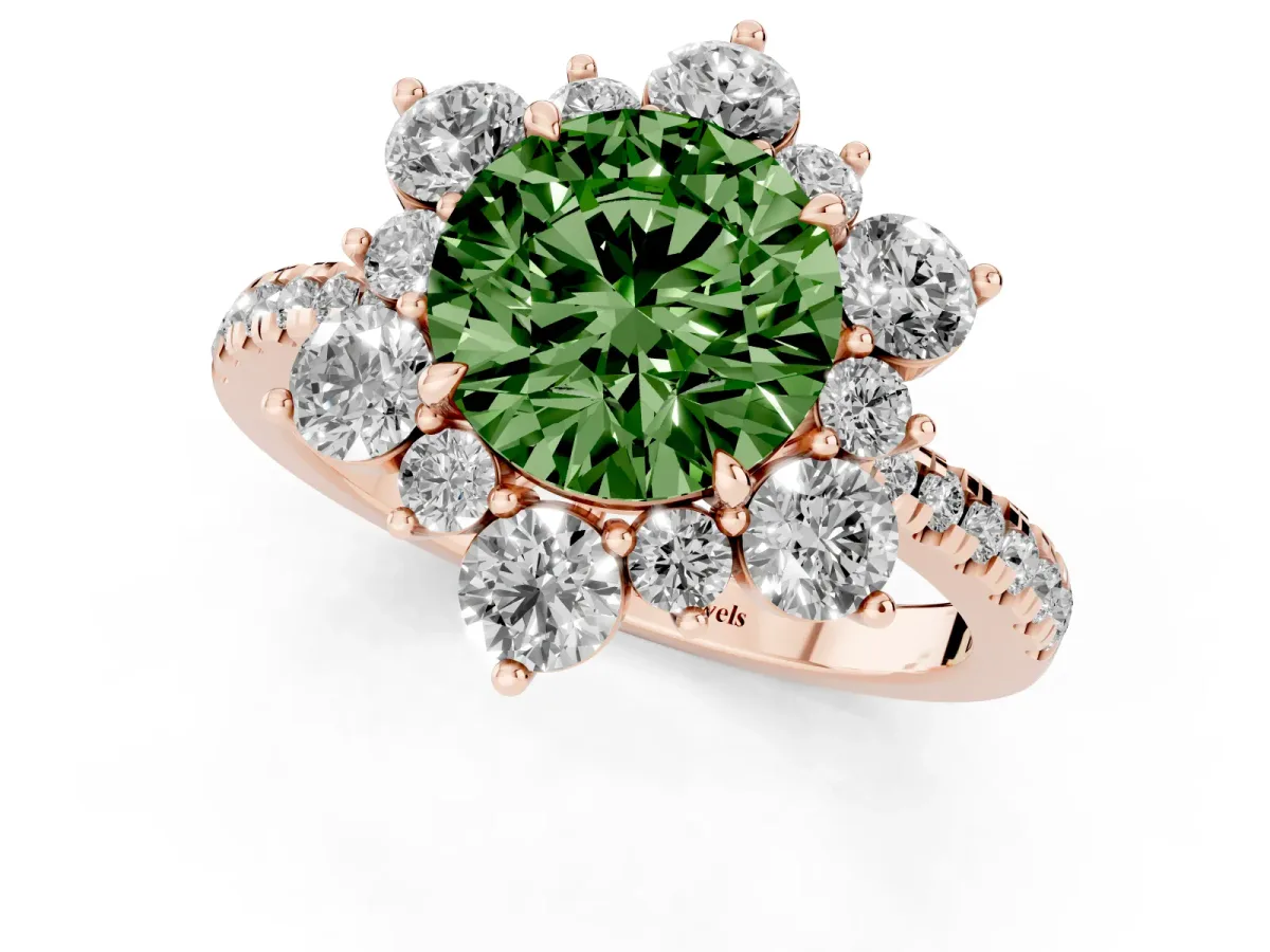 Fancy Green Round Cut Diamond Floral Halo Ring with Round Pavé Band and Prong Setting Rose gold