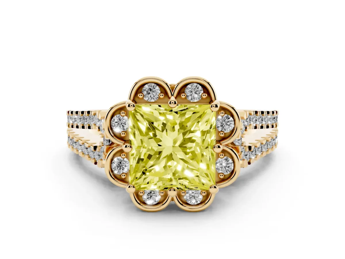 Fancy Yellow Princess Cut Halo Diamond Floral Split Shank Engagement Ring Yellow gold