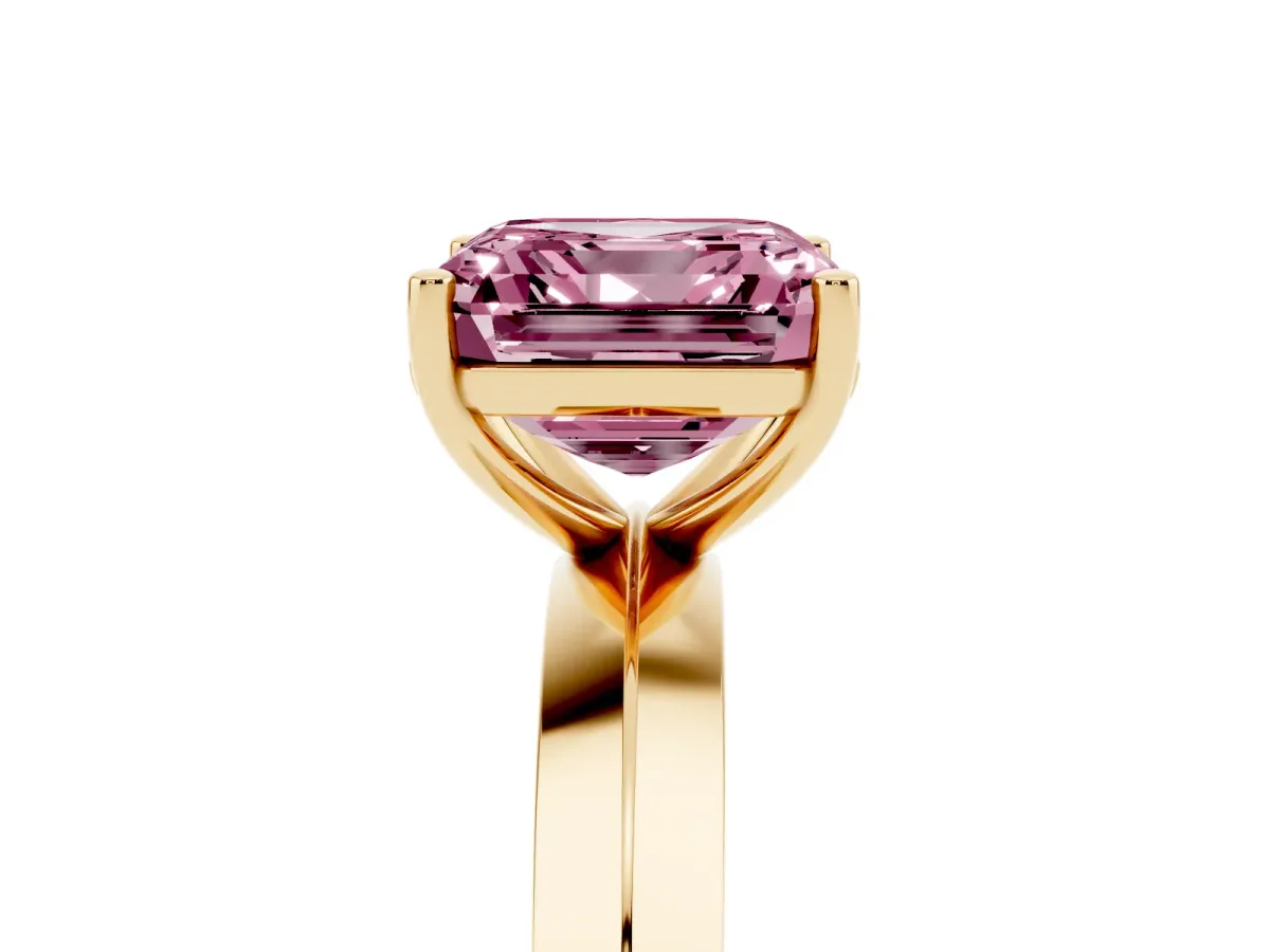 Fancy Pink Asscher Cut Cut Solitaire Engagement Ring with Flat Band and Four-Prong Setting Yellow gold
