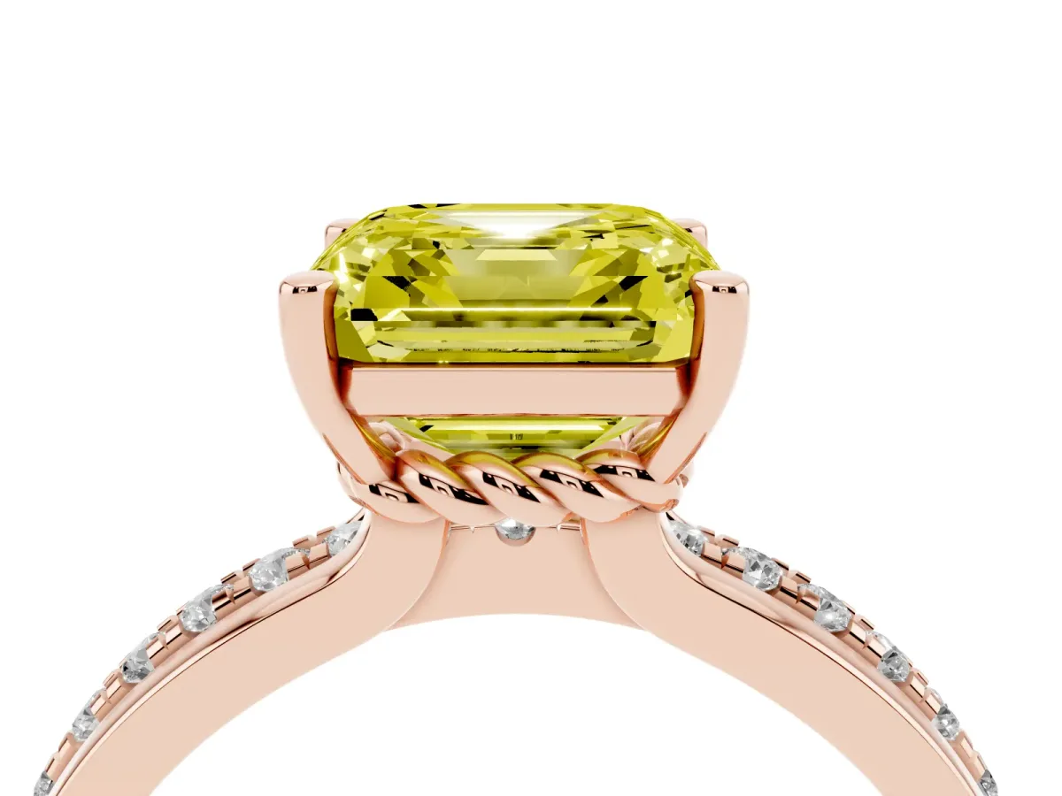 Fancy Yellow Asscher Cut Solitaire Diamond Ring with Channel Set Band and Six-Prong Setting Rose gold