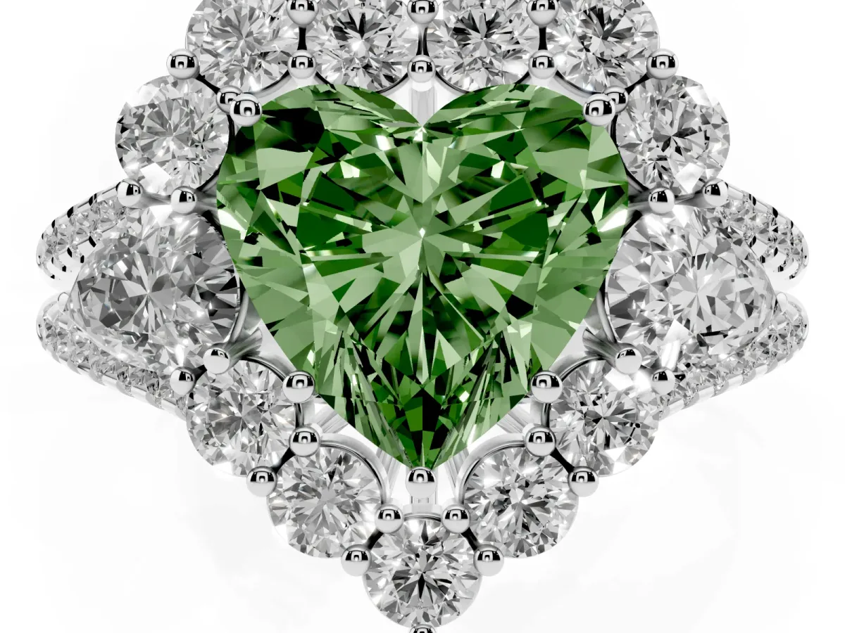Fancy Green Heart Cut Halo Split Shank Diamond Engagement Ring with Prong Setting Silver