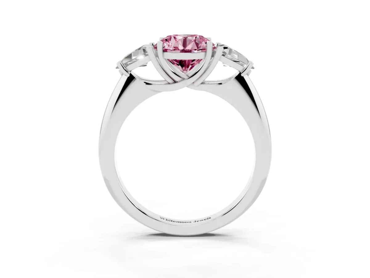 Fancy Pink Three-Stone Round Cut Diamond Engagement Ring with Trillion Side Stones and Prong Setting Silver