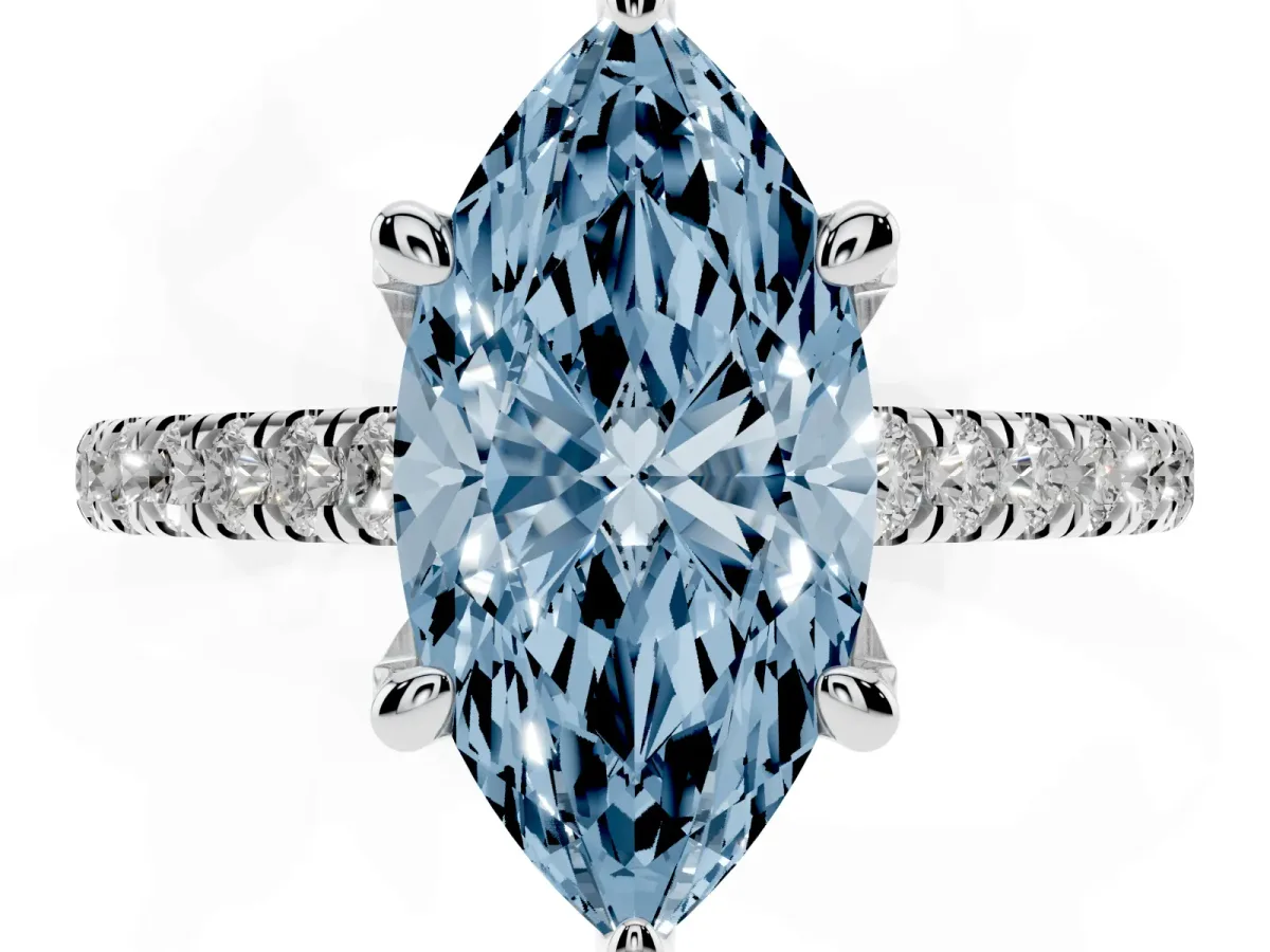 Fancy Blue Marquise Cut Brilliant Diamond Solitaire with Pavé Band and Four-Prong Setting Silver