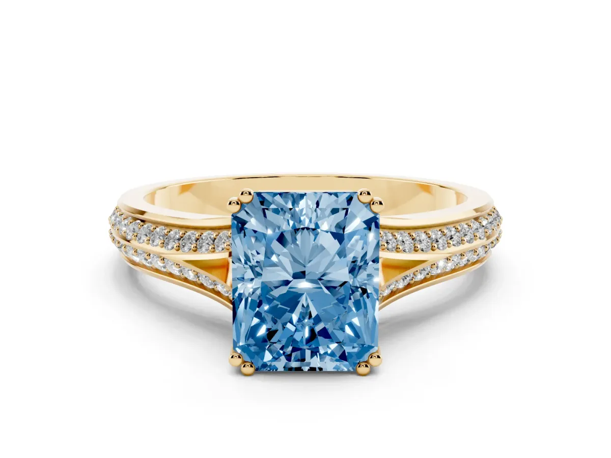 Fancy Blue Radiant Cut Diamond Split Shank Engagement Ring with Pavé Band Yellow gold