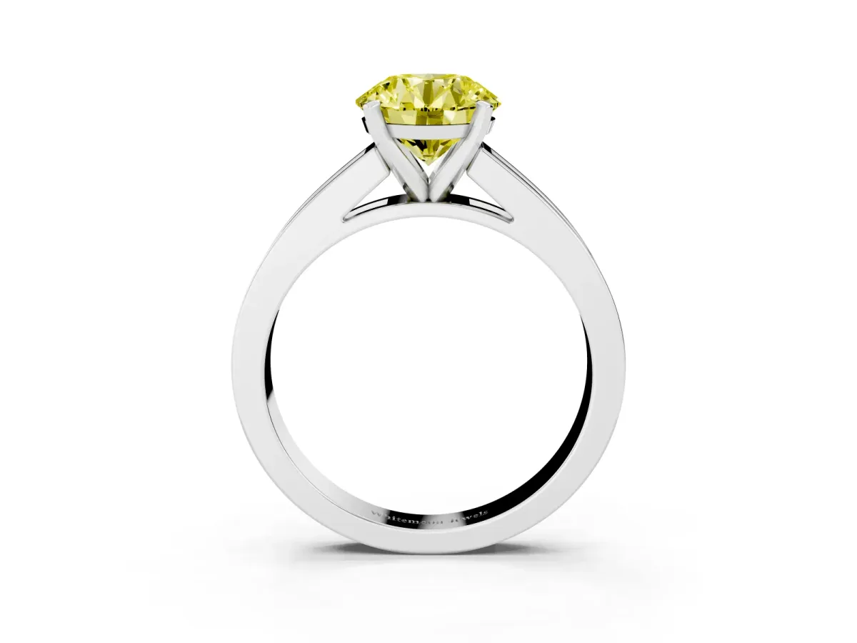 Fancy Yellow Round Cut Solitaire Diamond Ring with Channel-Set Band and Four-Prong Setting Silver