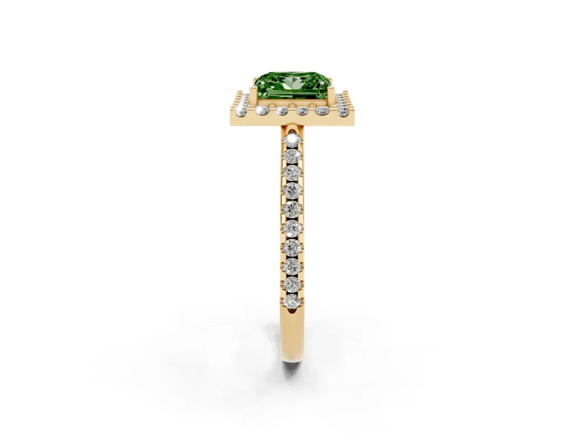 Fancy Green Princess Cut Diamond Pavé Halo Ring with Four-Prong Setting Yellow gold