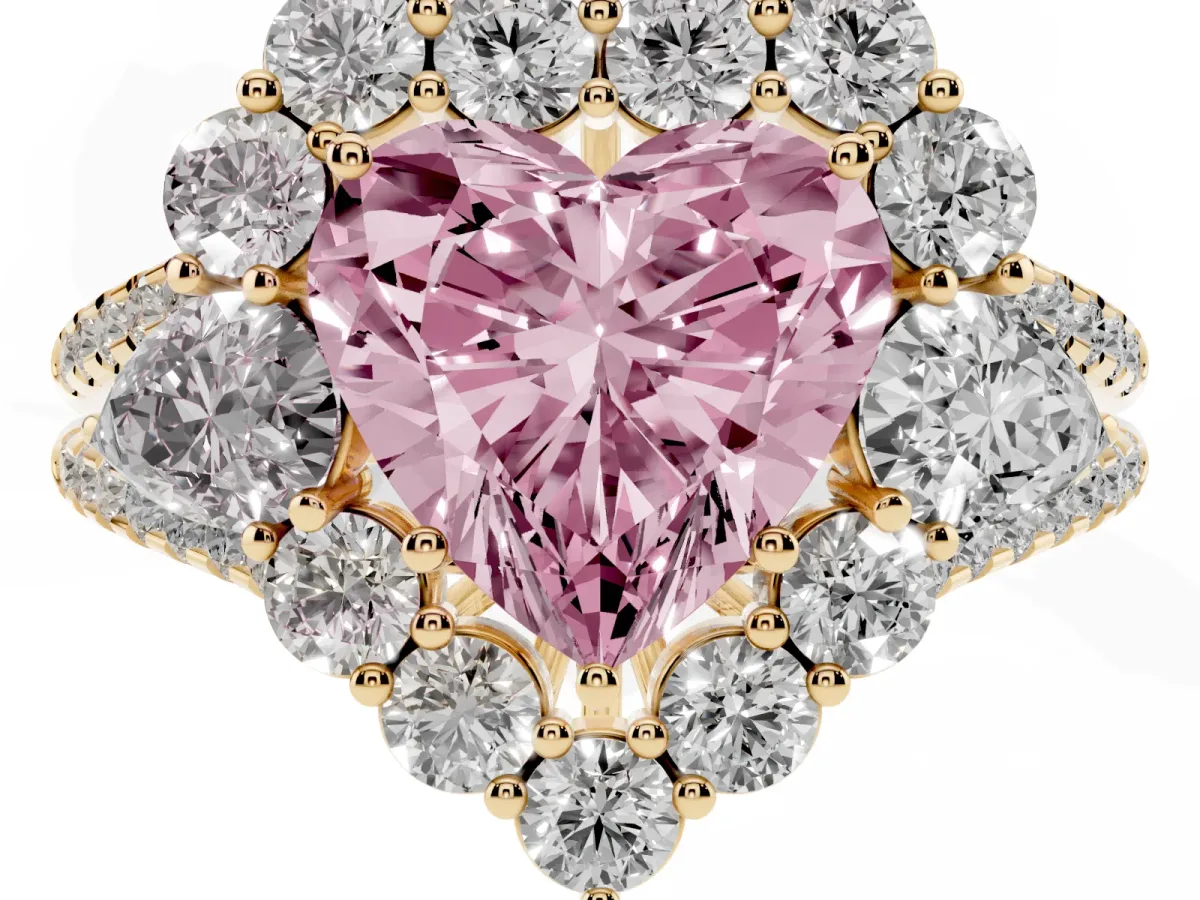 Fancy Pink Heart Cut Halo Split Shank Diamond Engagement Ring with Prong Setting Yellow gold