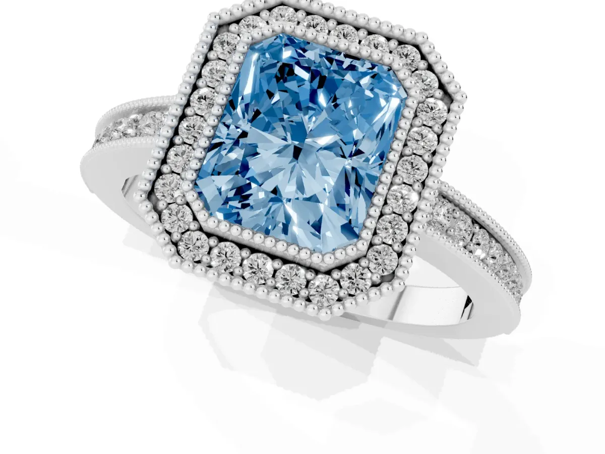Fancy Blue Radiant Cut Cut Halo Diamond Ring with Pavé Band and Milgrain Prong Setting Platinum