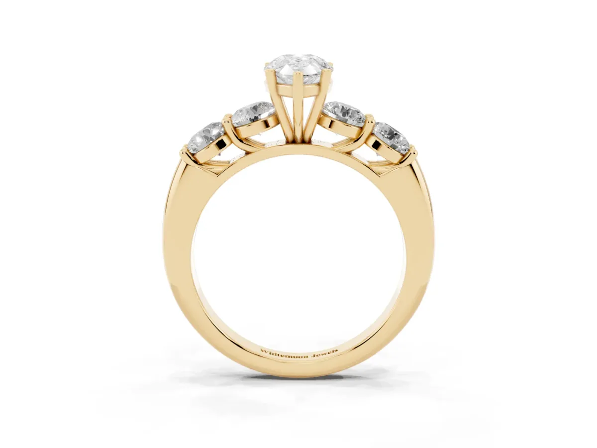 Pear Cut Cut Five-Stone Prong Set Diamond Ring with Classic Band Yellow gold