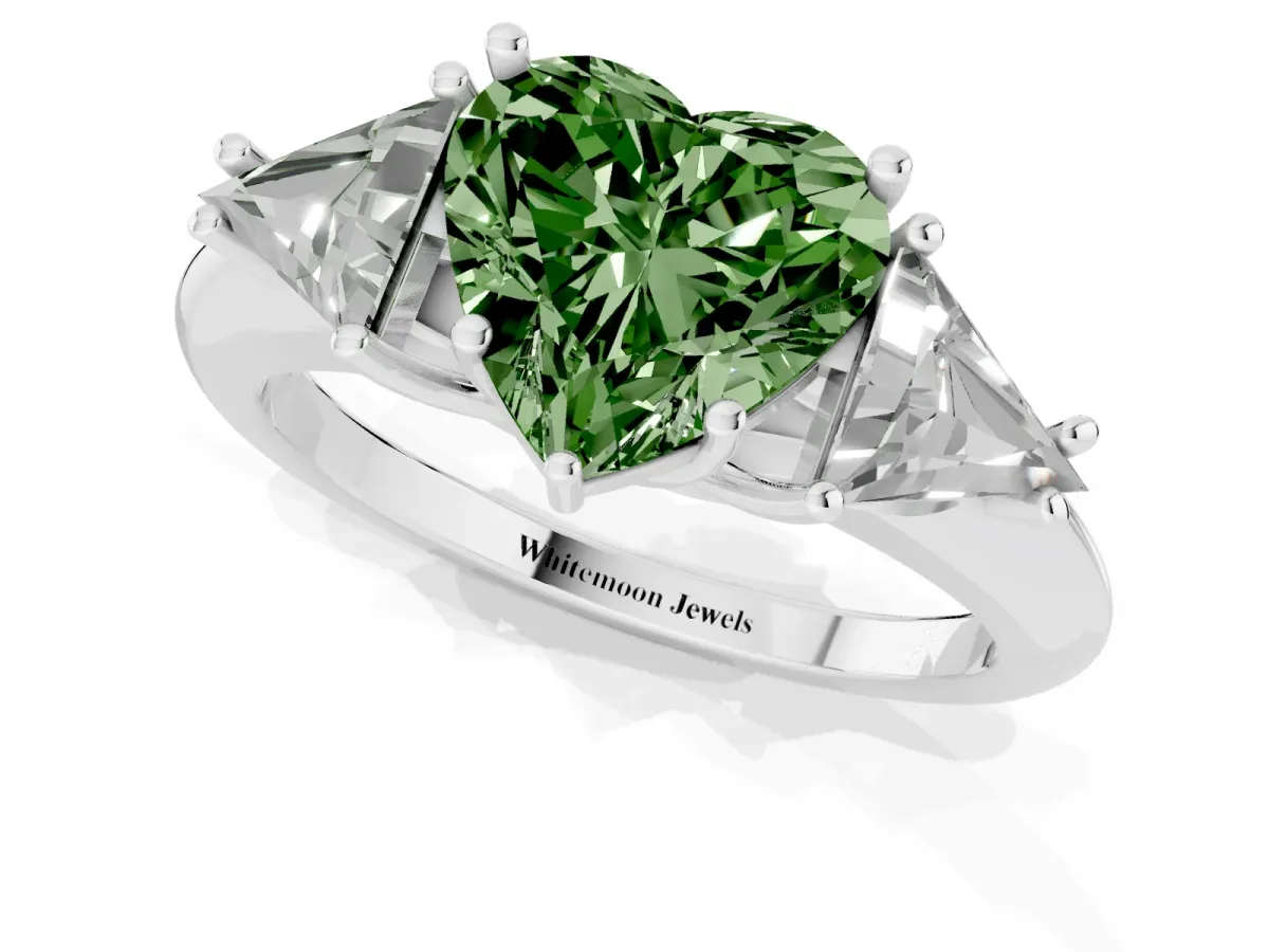 Fancy Green Three-Stone Heart Cut Diamond Engagement Ring with Trillion Side Stones and Prong Setting Silver