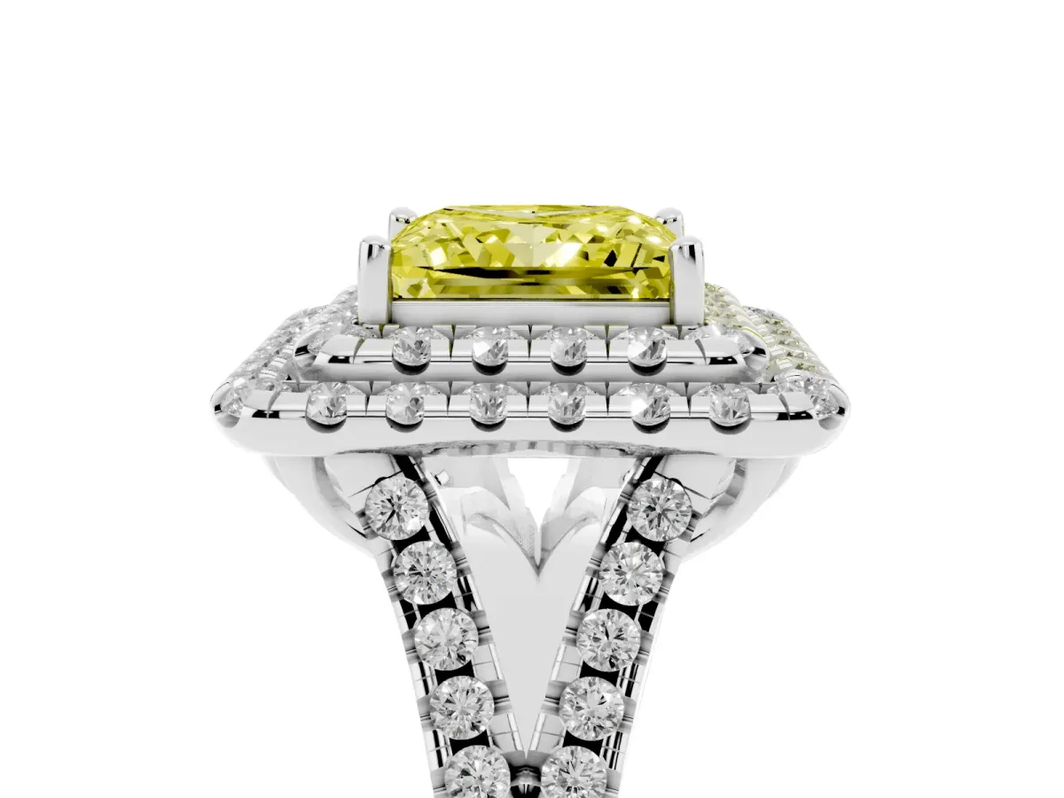 Fancy Yellow Double Halo Princess Cut Diamond Pavé Split Shank Ring with Prong Setting Silver