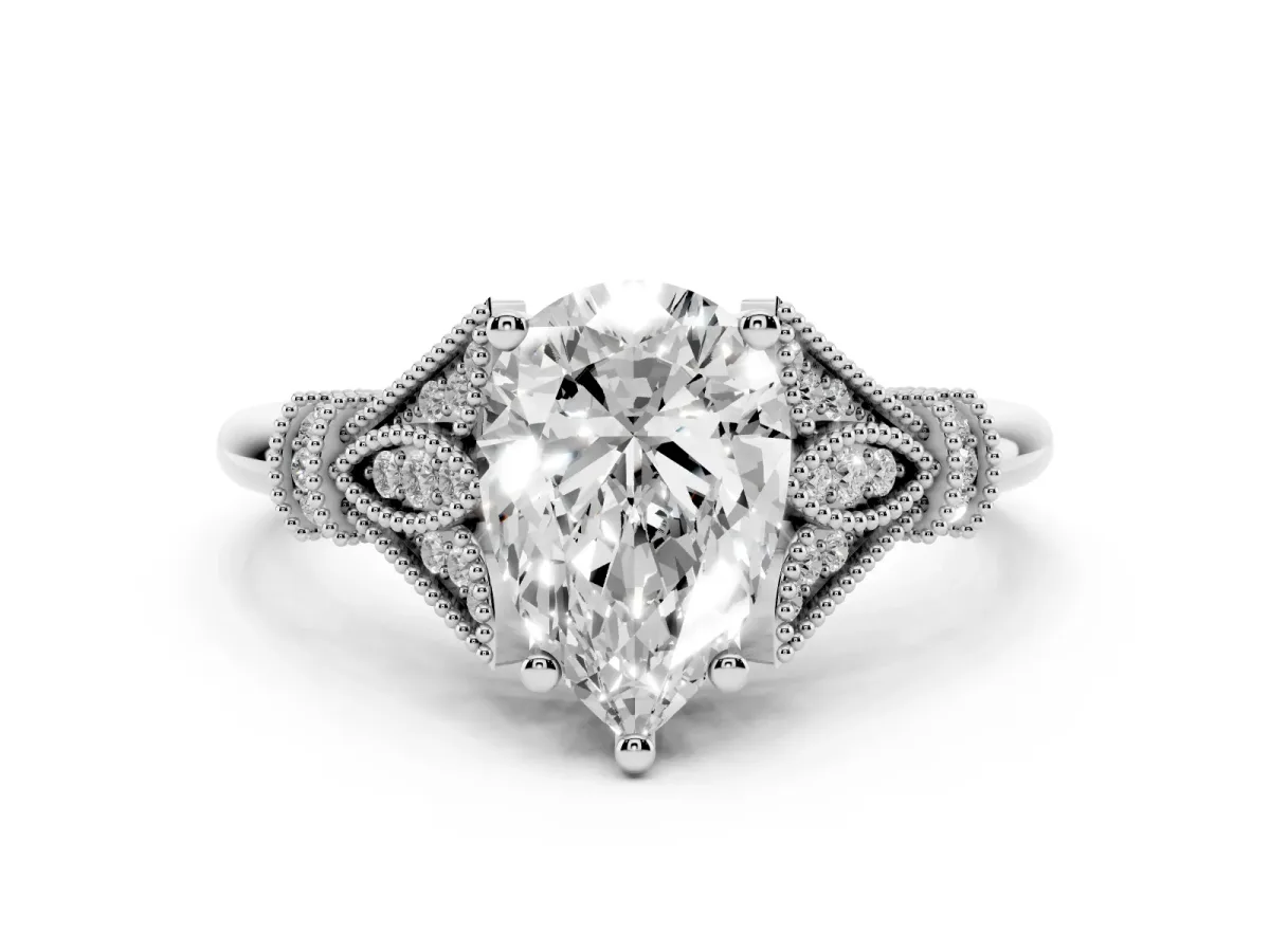 Pear Cut Diamond Solitaire Ring with Floral Filigree and Pave Accents Silver