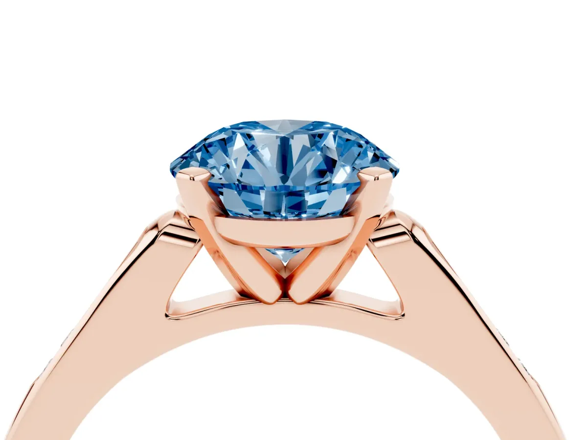 Fancy Blue Round Cut Diamond Solitaire Ring with Channel Set Round Band and Prong Setting Rose gold