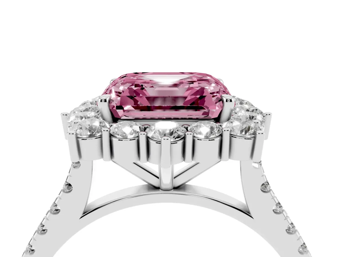 Fancy Pink Asscher Cut Halo Diamond Ring with Pavé Band and Prong Setting Silver