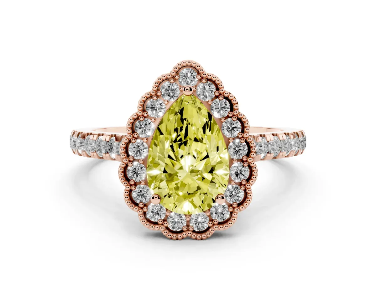 Fancy Yellow Pear Cut Cut Diamond Milgrain Floral Halo Engagement Ring with Pavé Band Rose gold