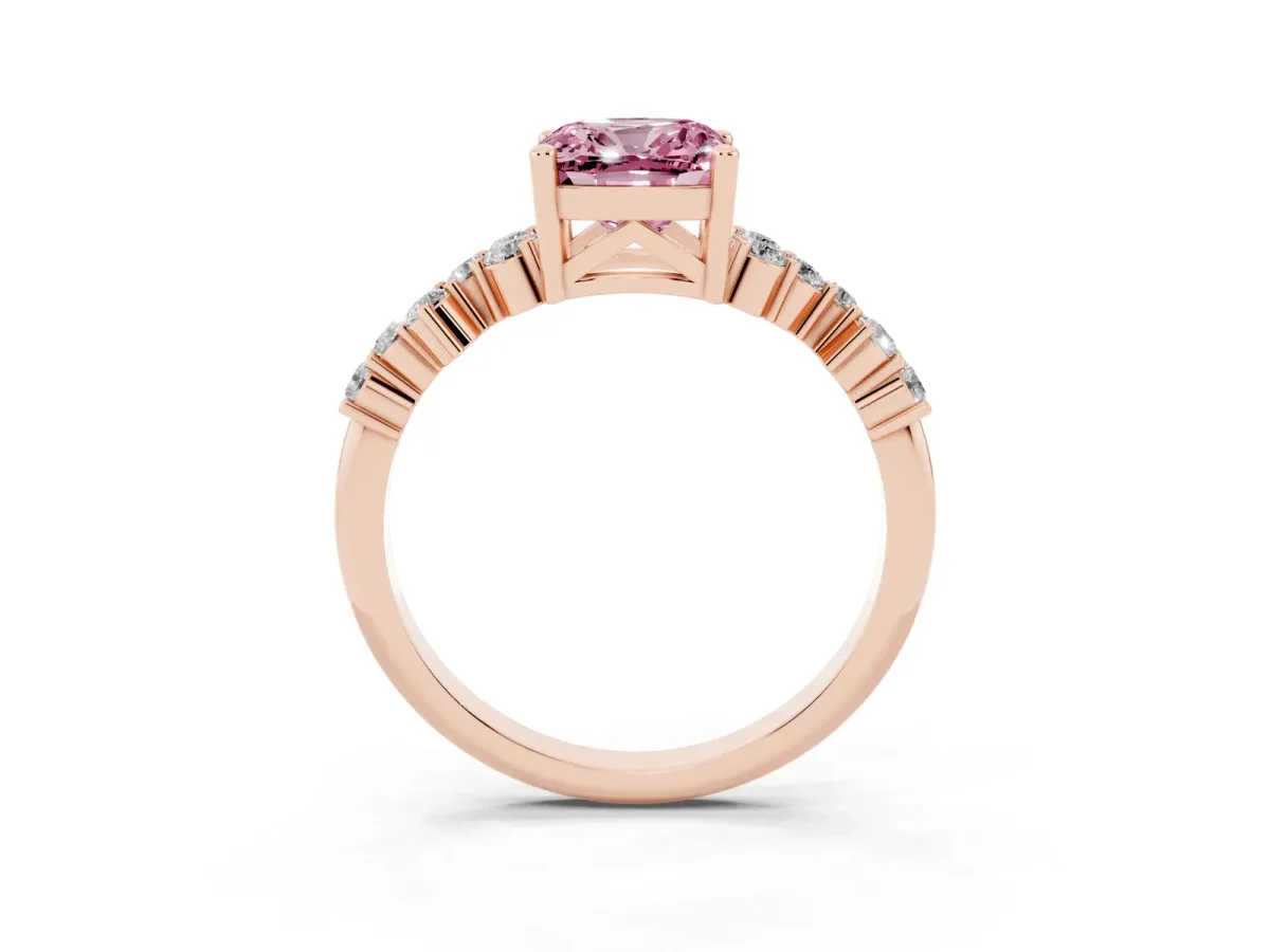 Fancy Pink Cushion Cut Diamond Scattered Round Accent Ring with Prong Setting Rose gold