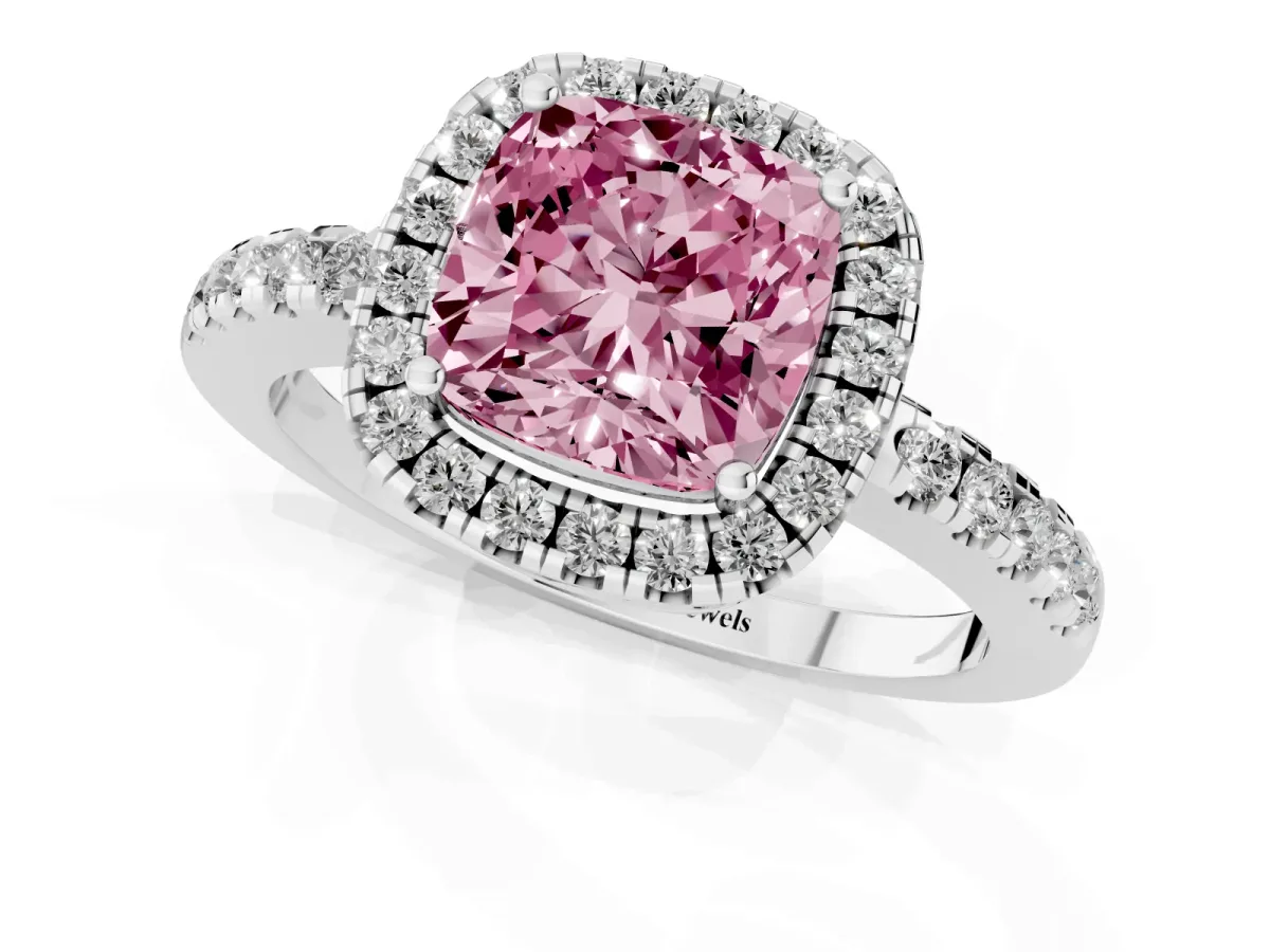 Fancy Pink Cushion Cut Halo Diamond Engagement Ring with Pavé Band and Four-Prong Setting Platinum