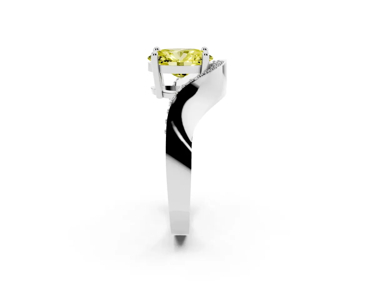 Fancy Yellow Oval Cut Solitaire Diamond Engagement Ring with Pave Band and Four-Prong Setting Platinum