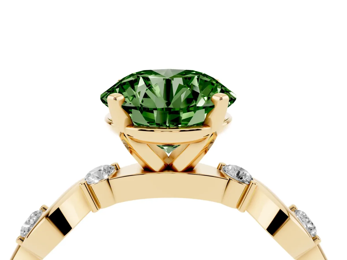 Fancy Green Round Cut Diamond Solitaire Twisted Band with Round Accents and Prong Setting Yellow gold
