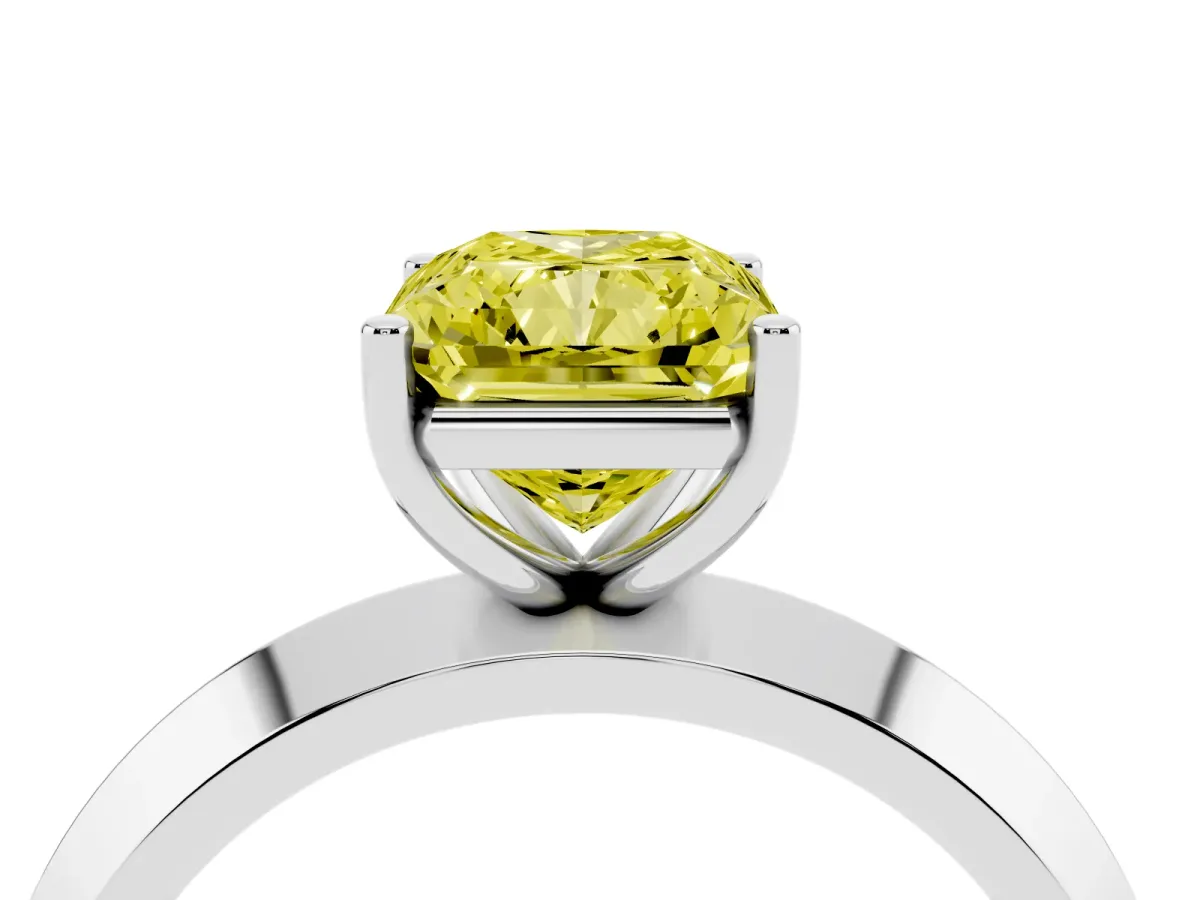 Fancy Yellow Radiant Cut Cut Solitaire Engagement Ring with Flat Band and Four-Prong Setting Platinum