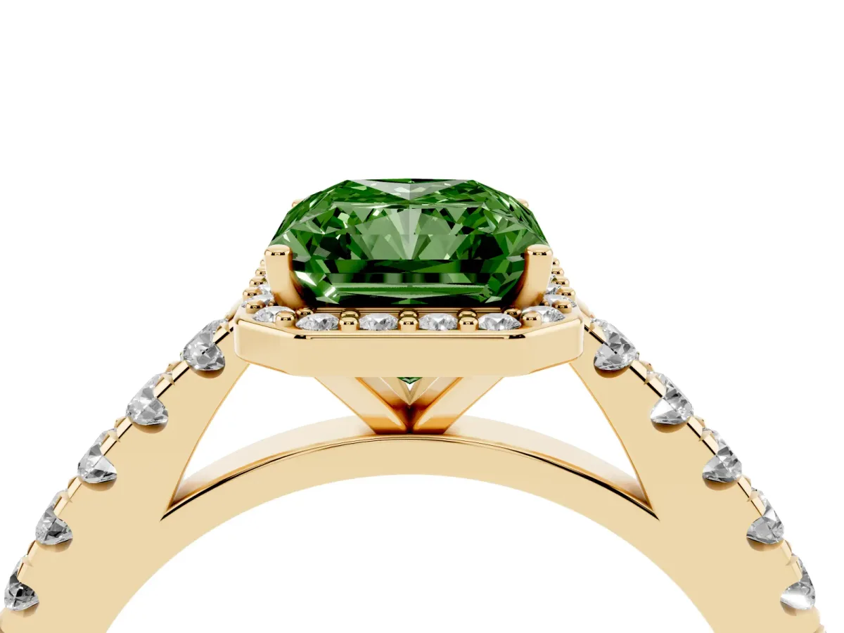Fancy Green Radiant Cut Cut Halo Diamond Engagement Ring with Pave Band and Four-Prong Setting Yellow gold