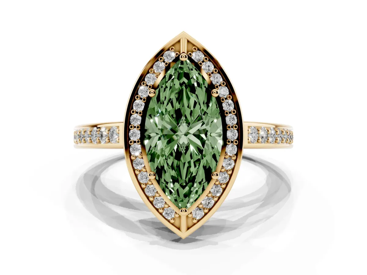 Fancy Green Marquise Cut Cut Halo Pave Split Shank Prong Setting Ring Yellow gold