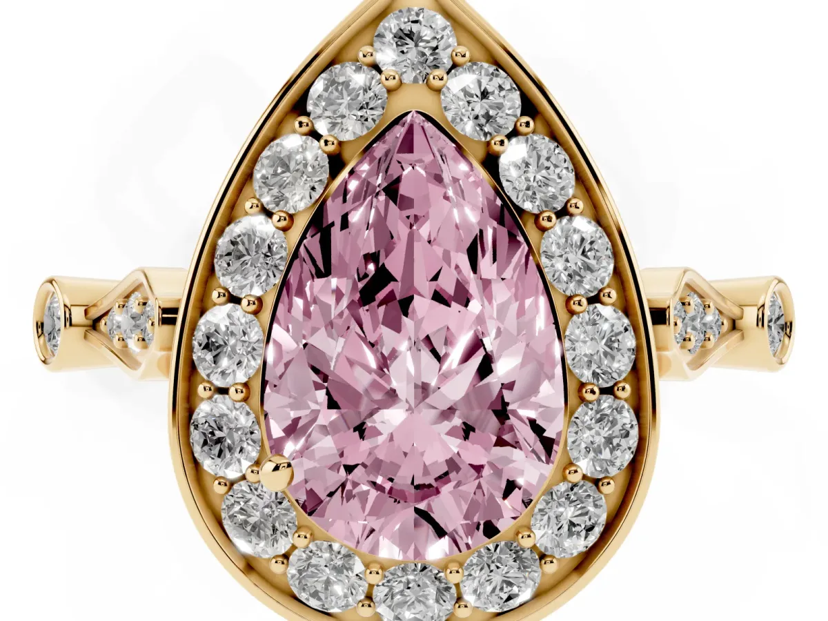 Fancy Pink Pear Cut Halo Diamond Engagement Ring with Twisted Band and Four-Prong Setting Yellow gold