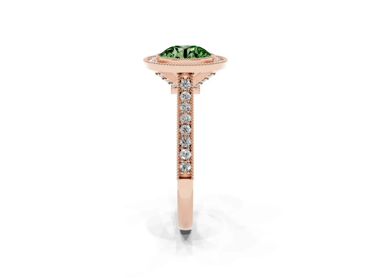 Fancy Green Halo Round Cut-Cut Diamond Pave Band Milgrain Prong Setting Ring Rose gold