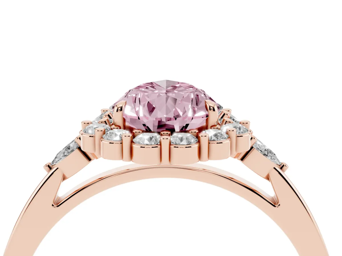 Fancy Pink Pear Cut Diamond Halo Ring with Pear Side Stones and Prong Setting Rose gold