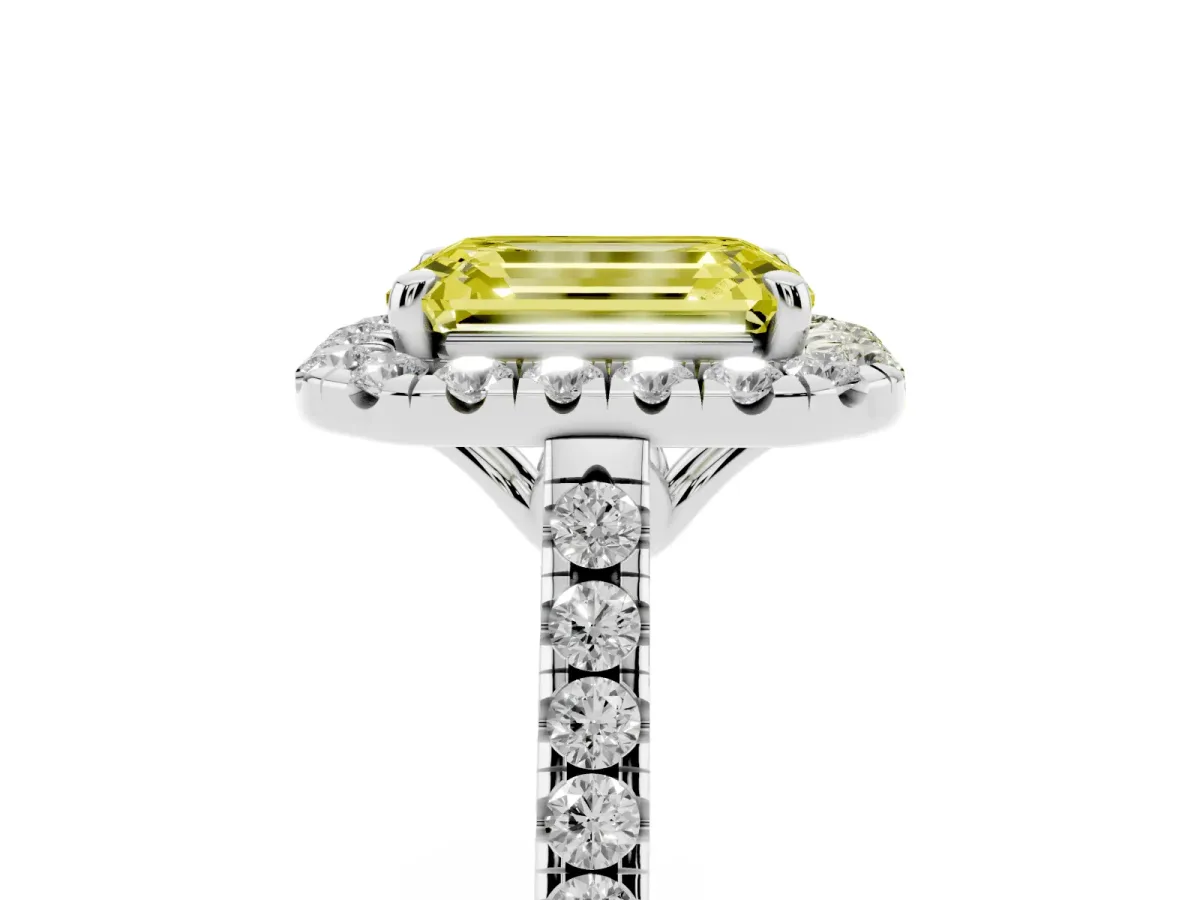 Fancy Yellow Emerald Cut Halo Pavé Diamond Engagement Ring with Four-Prong Setting Silver