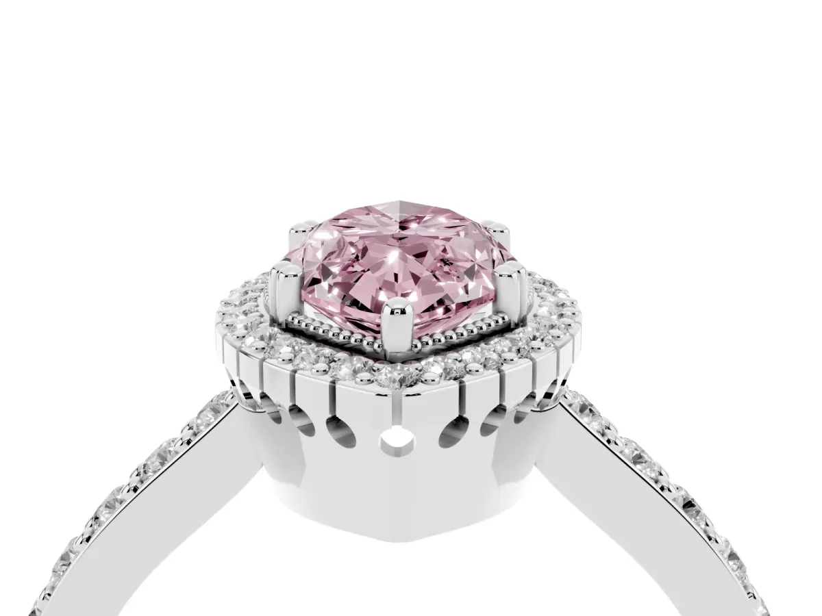 Fancy Pink Marquise Cut Cut Diamond Halo Engagement Ring with Milgrain Detail and Pavé Band Platinum