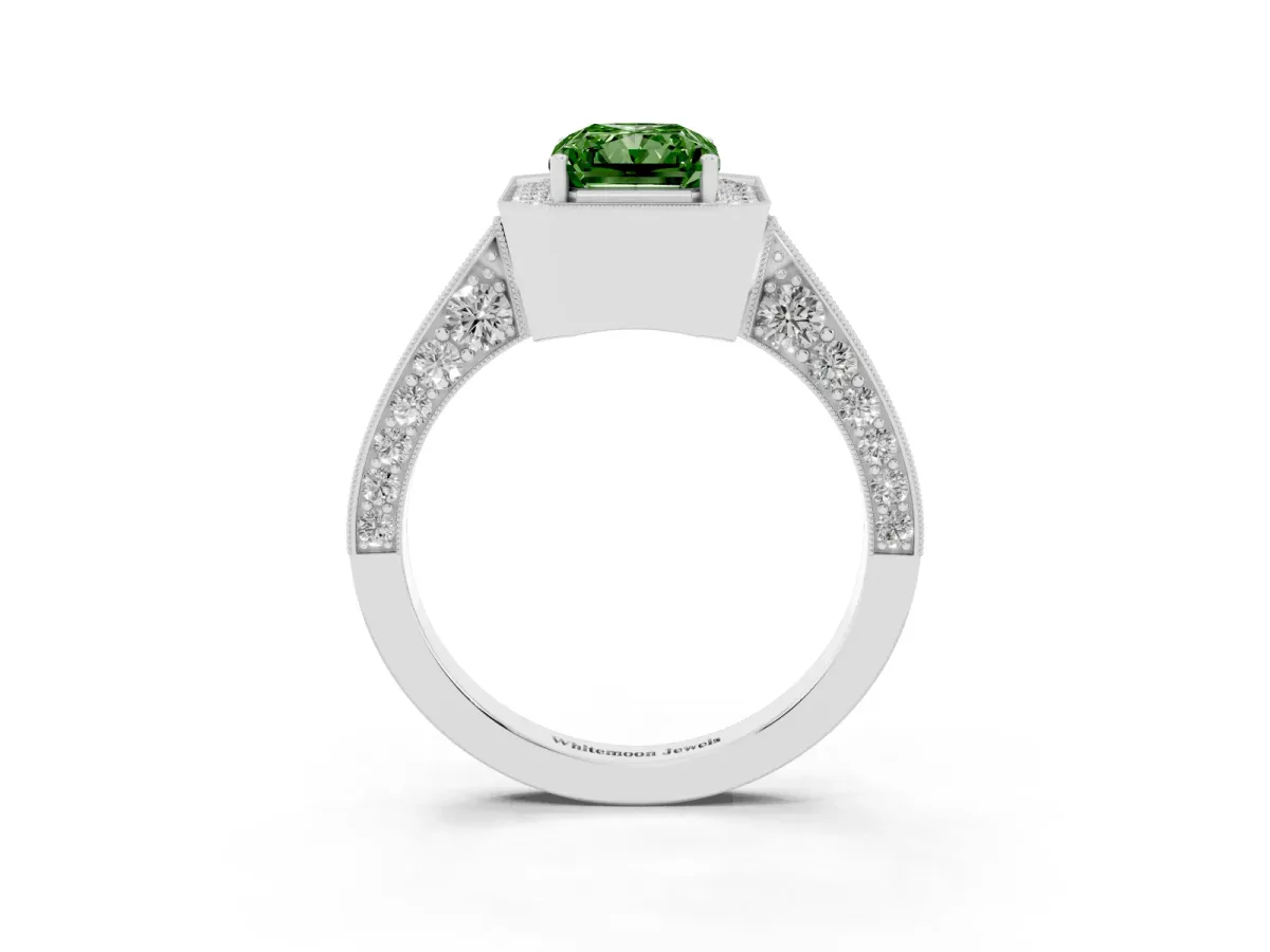 Fancy Green Radiant Cut Halo Diamond Engagement Ring with Split Shank Band and Four-Prong Setting Silver
