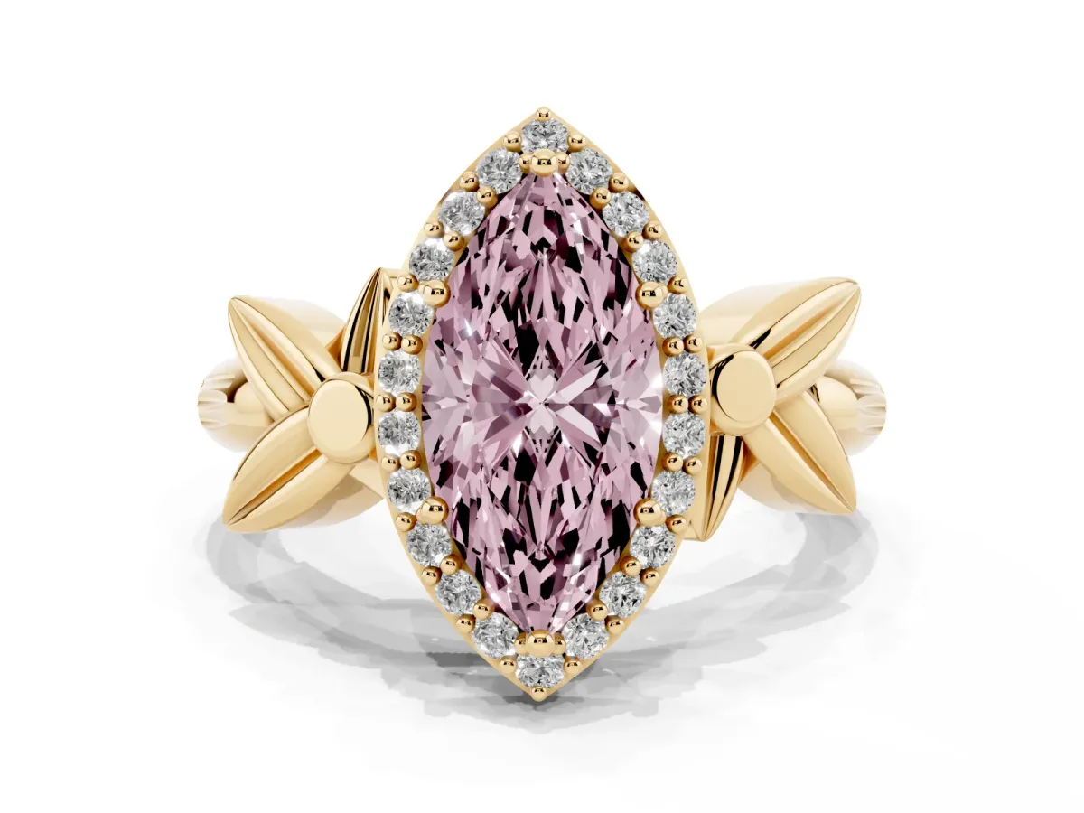 Fancy Pink Marquise Cut Halo Diamond Floral Band with Four-Prong Setting Yellow gold