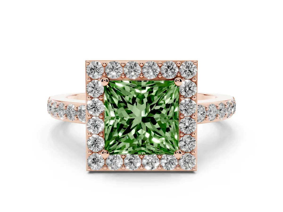Fancy Green Princess Cut Halo Diamond Pavé Band Ring with Prong Setting Rose gold