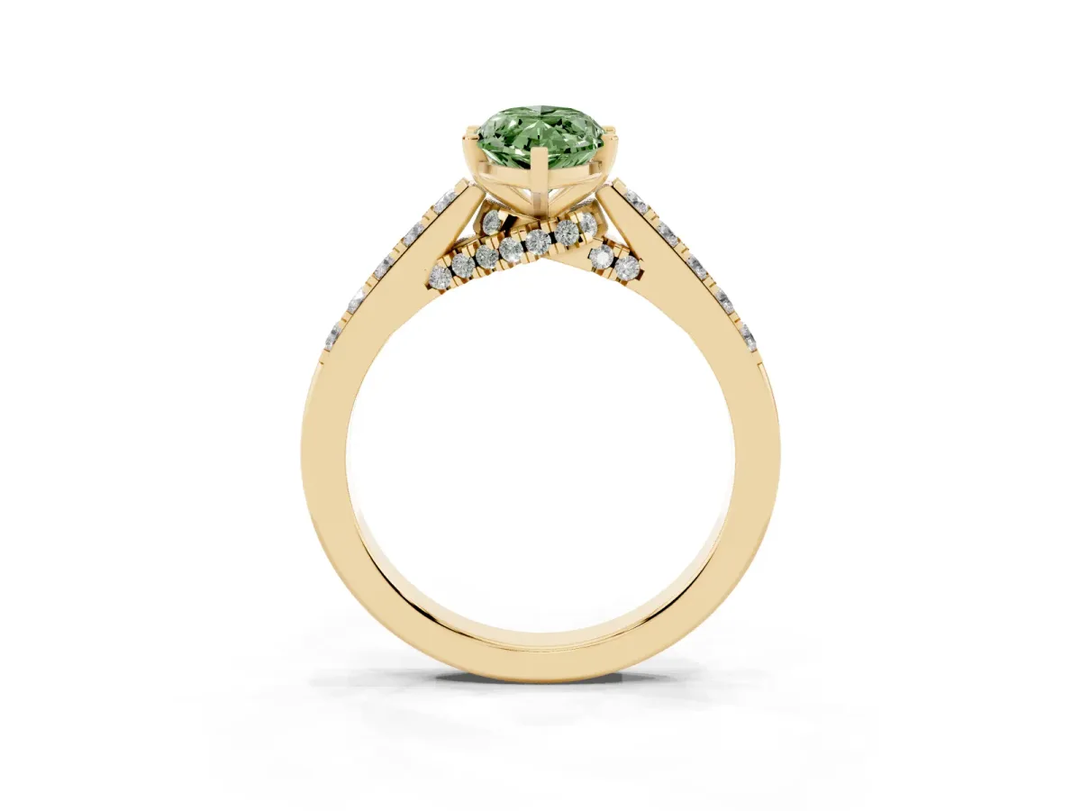 Fancy Green Marquise Cut Diamond Solitaire Ring with Crossover Gallery and Round Pavé Band Yellow gold
