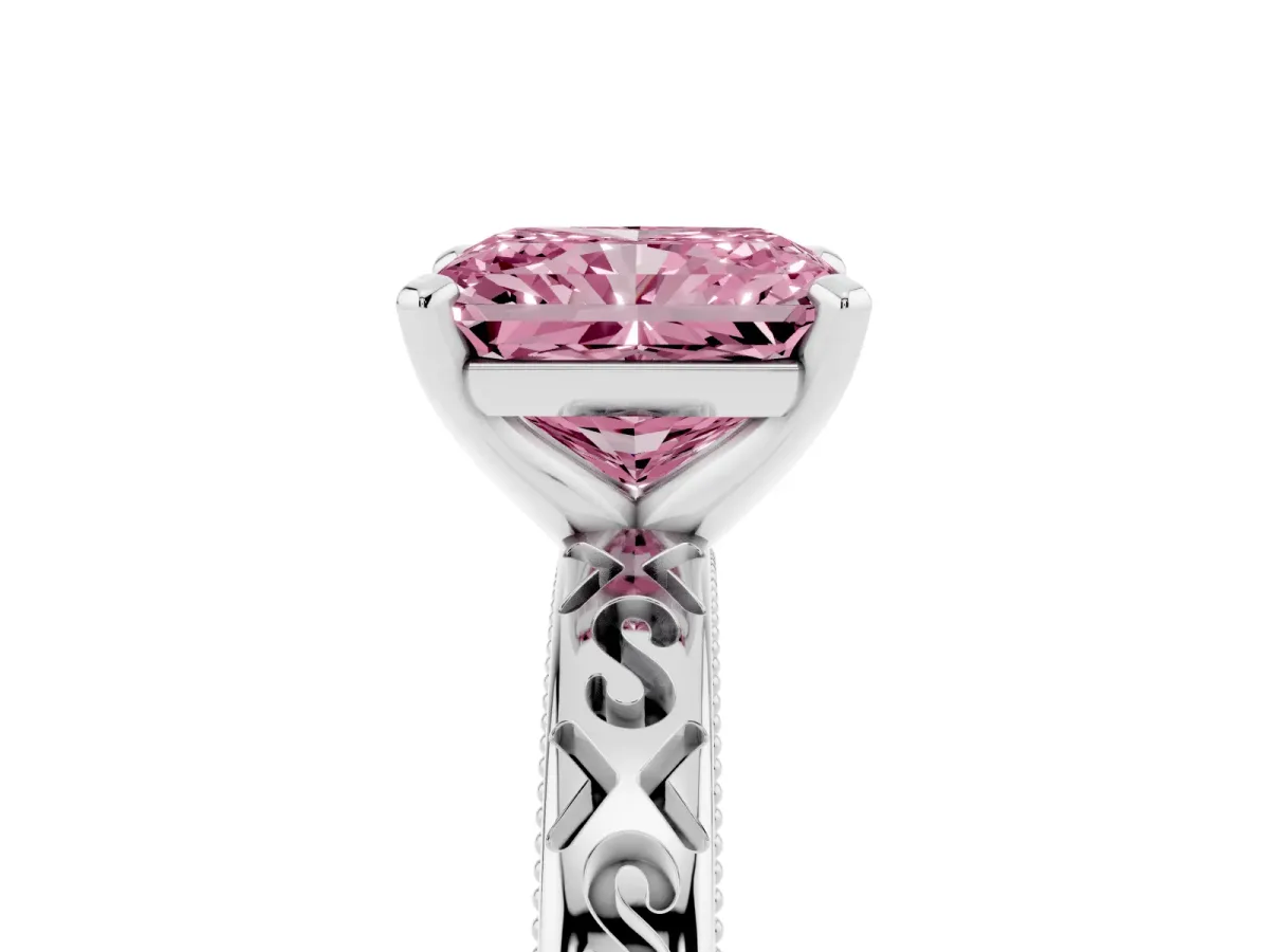 Fancy Pink Radiant Cut Solitaire Engagement Ring with Scrollwork Band and Four-Prong Setting Silver