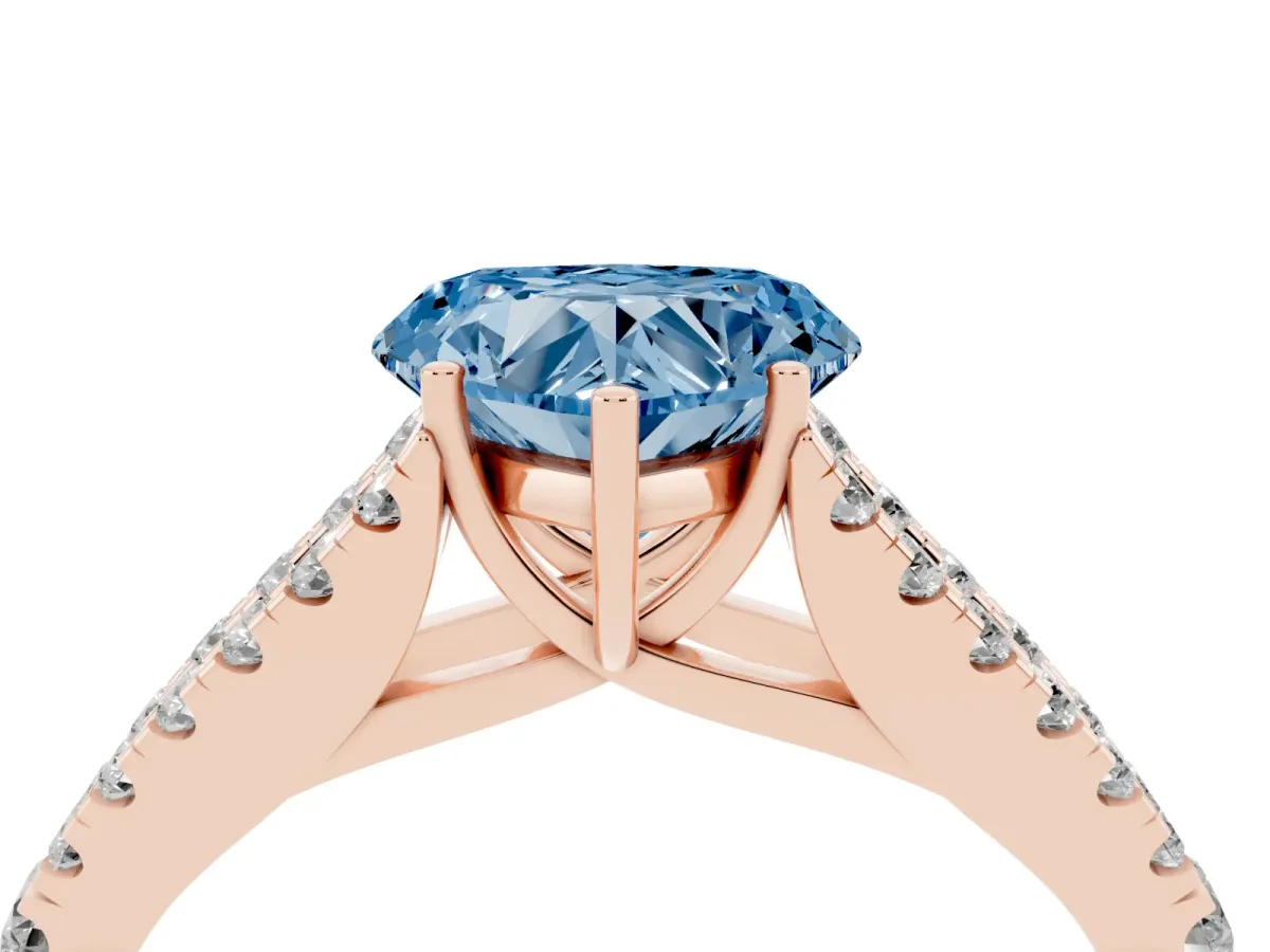 Fancy Blue Heart Cut Diamond Split Shank Pavé Engagement Ring with Four-Prong Setting Rose gold